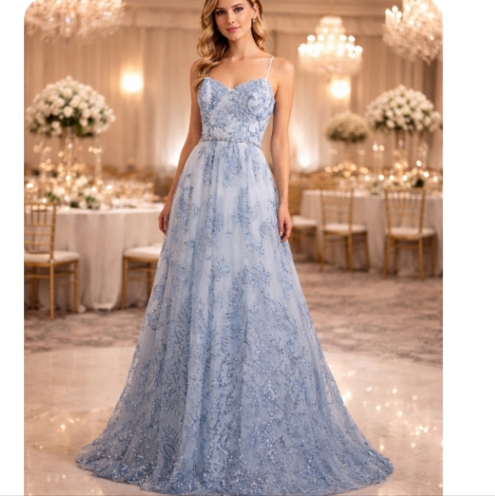 Jackie Jon Blue Beaded Lace Up Back Formal Gown Glitter Embellished Maxi Gown 15